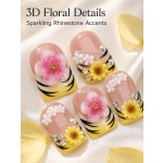 Summer Garden 3D‑Floral Press‑On Nails, Short Square Handmade False Nails with Pink Flower & Sunflower, Yellow‑Black French Tips & Rhinestones